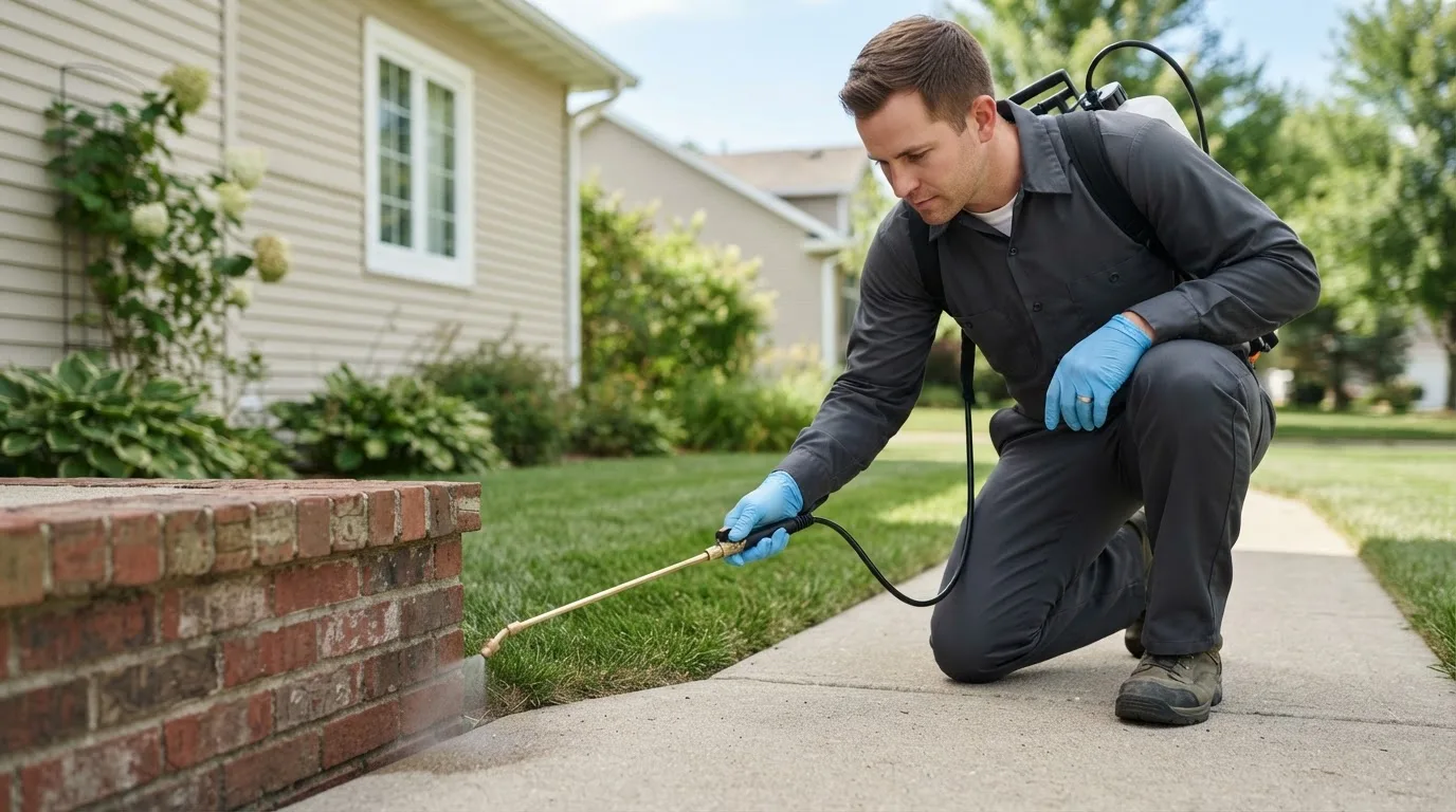 Pest control technician treating a home near San Elizario, TX